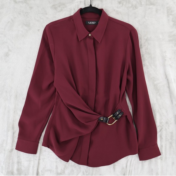Lauren Ralph Lauren Tops - Lauren Ralph Lauren Buckle Trim Top Women 8 Maroon Equestrian Old Money $195 NWT